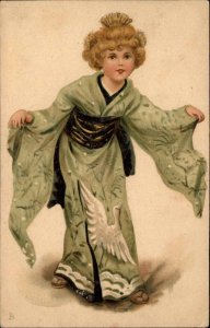 Little Girl in Kimono Bird Pattern TUCK Japanese Series 1605 c1910 Postcard