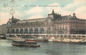 Navigation & sailing related vintage postcard Paris ship Orleans Orsay station