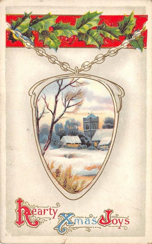 Hearty Xmas Joys 1911 Embossed Postcard Christmas Locket With Snow Scene