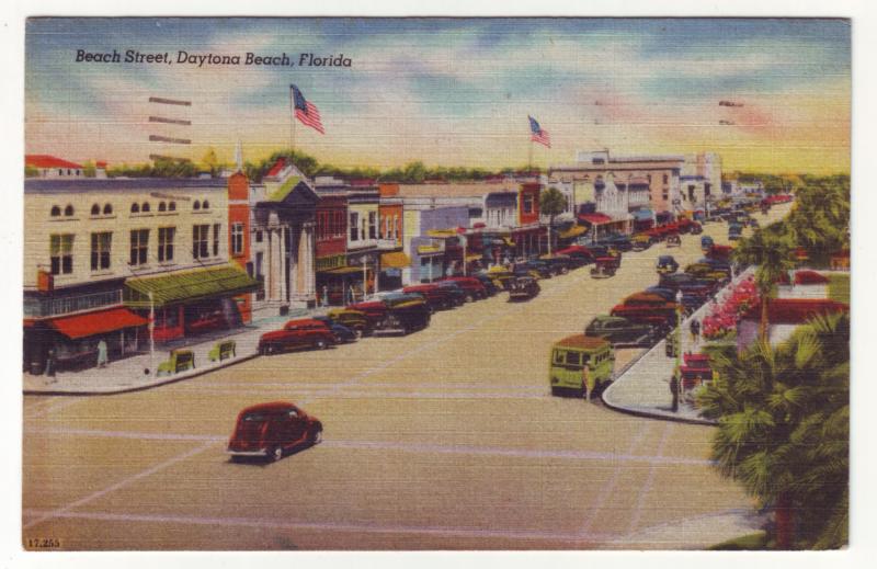 P324 JLs postcard 1946 old cars flags stores daytona beach florida used