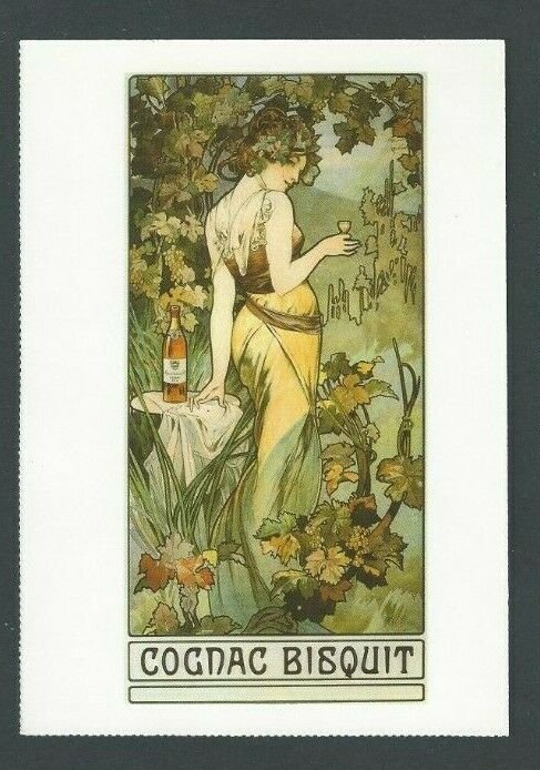 1986 Post Card Alphonse Mucha Cognac Bisquit 1899 Repo 6 X 4