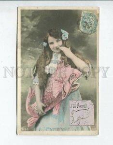 3161375 April FISHING Fisherman Girl LONG HAIR Vintage PHOTO PC