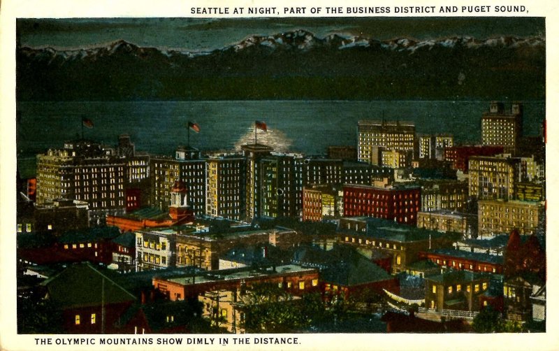 WA - Seattle. Nightview, Puget Sound, Business District