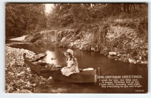 Birthday Greetings Poem RPPC Postcard Victorian Girl In Canoe Boat EAS Germany