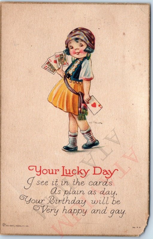 c1910s Birthday Lucky Day PC Cute Little Girl Playing Cards Gypsy Ho-Biel A170