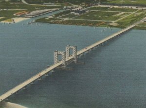 c1950s Birds eye view Sidney Lanier Bridge Brunswick Georgia US 17 linen D503 