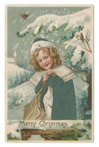 Vintage 1910's Christmas Postcard Cute Girl Xmas Cap Snowy Scene Birds NICE