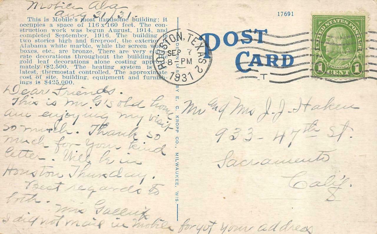 MOBILE Alabama AL POST OFFICE St Joseph StreetCars 1931 Postcard United States Alabama