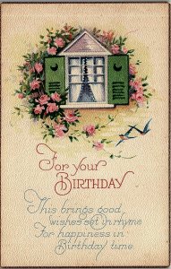 c1910 HAPPY BIRTHDAY BLUE BIRDS WINDOW FLOWERS CRESECENT MOONS POSTCARD 38-109