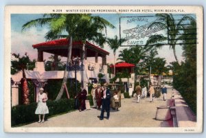 1933 Miami Beach Florida Postcard Winter Scene Promenade Roney Plaza Hotel Road