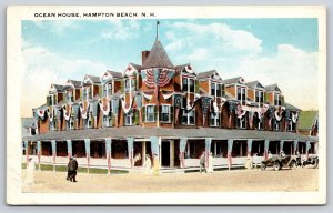 Hampton Beach New Hampshire~Ocean House~Flags~Automobile~Porch~1920s Postcard