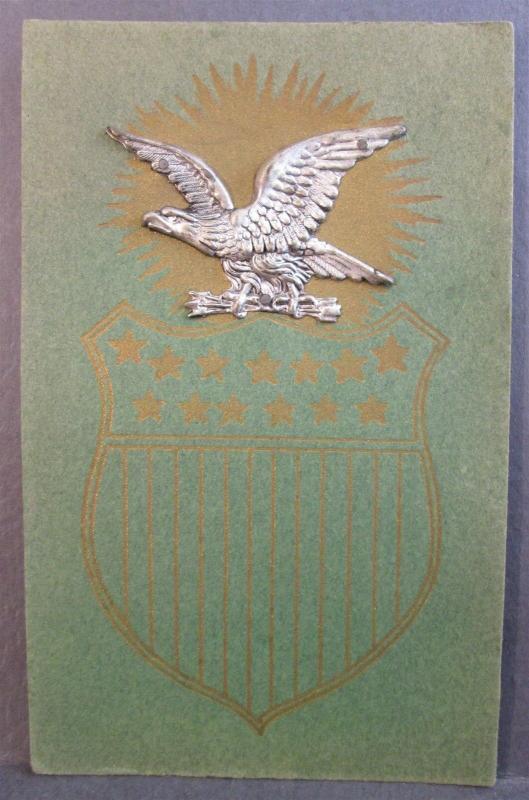 Postcard American Shield Patriotic Applied Applique Metal Silver Eagle c1917 Z1