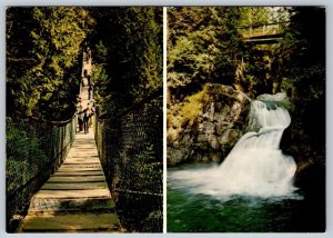Lynn Canyon Suspension Bridge, Waterfall, Vancouver BC, Split View Postcard
