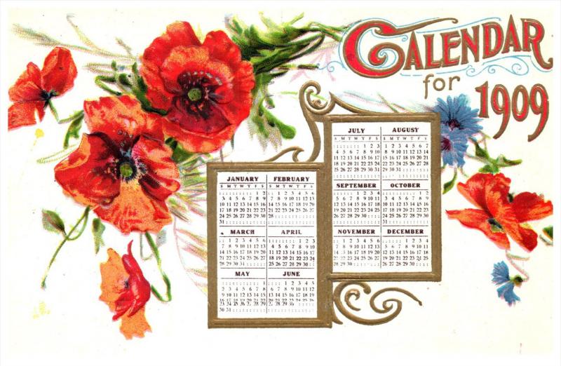 New Year  1909 Calendar, Flowers