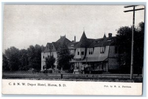 c1910's C. & N. W. Depot Station Hotel Huron South Dakota SD Antique Postcard