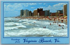 Virginia Beach Virginia 1980s Greetings Postcard Hotels Beach Scene Bather Ocean