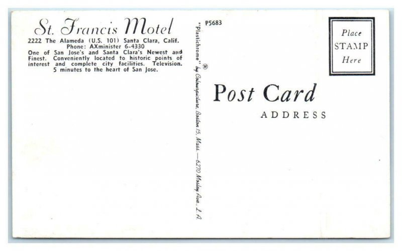 SANTA CLARA, California CA ~ Roadside ST. FRANCIS MOTEL Map El Camino  Postcard 