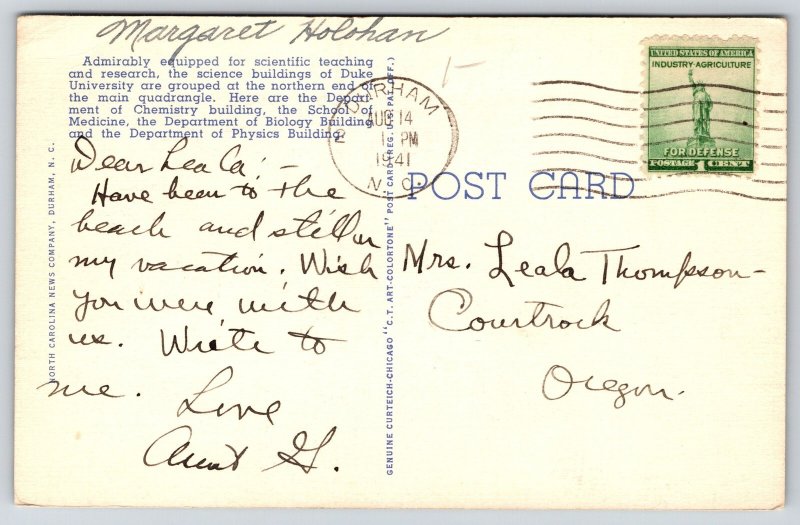 Durham NC~Duke University~Science Quadrangle~USA Flag~Gothic~Linen 1941 Postcard