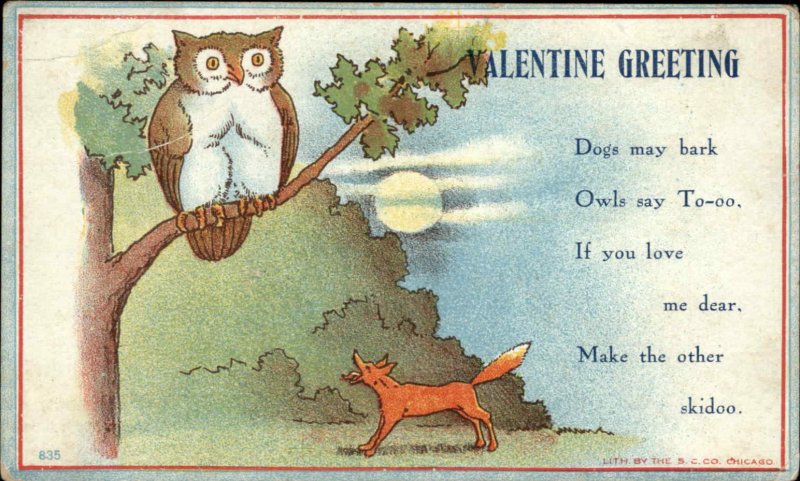 Valentine Dog Barks at Owl Poetry Verse Romance c1910 Vintage Postcard