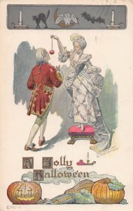 J78/ Halloween Postcard Holiday c1910 Jolly Apple Bobbing Bat Cat 409