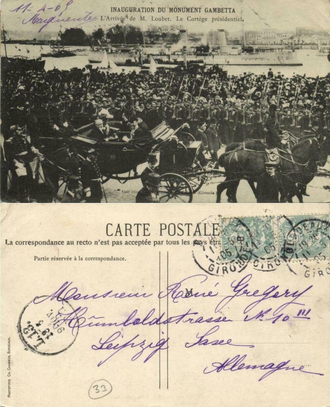 france, BORDEAUX, Inauguration du Monument Gambeta (1905) Postcard