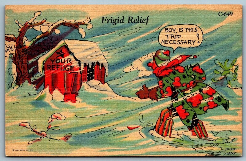 Postcard c1946 Frigid Relieve Winter Scene Outhouse Comic Humor C.T Rural Relief