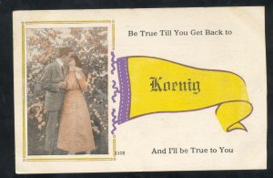 BE TRUE IN KOENIG MISSOURI GOLD PENNANT LOVERS KISSING VINTAGE POSTCARD1914