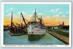 1940 Lake Superior Michigan Postcard Passenger Steamer Octorara leaving Locks