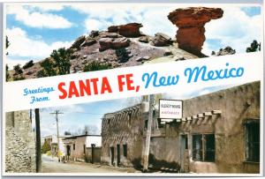 Greetings from Sante Fe New Mexico split view Camel Rock and Oldest House