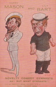 Advertising Postcard Comedy Gymnasts Harry Mason and Lily Bart Caricatures 1910