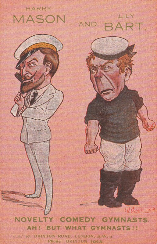 Advertising Postcard Comedy Gymnasts Harry Mason and Lily Bart Caricatures 1910