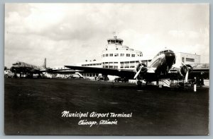 Postcard RPPC c1940s Chicago IL Municipal Airport Terminal Old Planes Cars