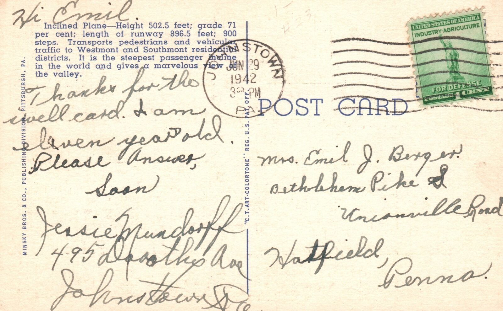 Vintage Postcard 1930's Inclined Plane Johnstown Pennsylvania Minsky ...
