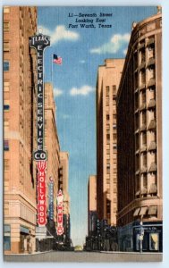 FORT WORTH, TX Texas ~ SEVENTH STREET SCENE Theatres c1940s Linen Postcard