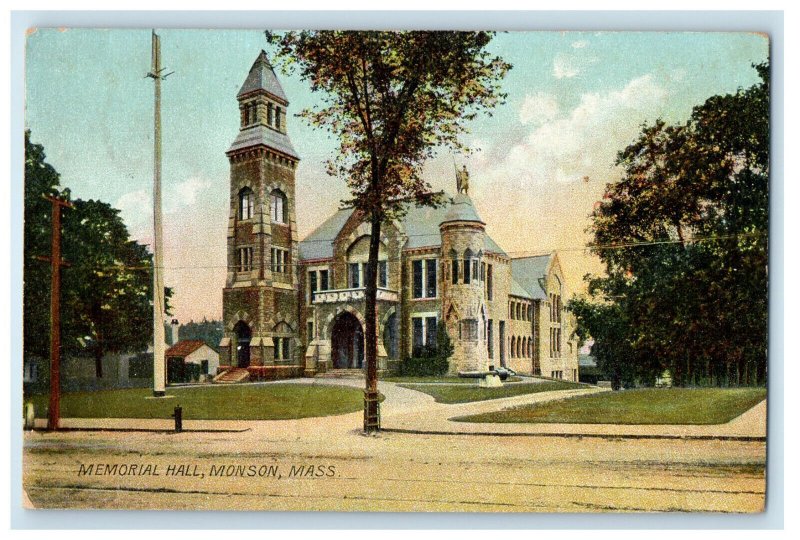 1908 Memorial Hall, Monson Massachusetts MA Antique Posted Postcard 