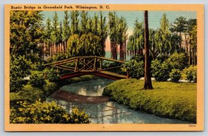 Wilmington NC~Greenfield Park~Rustic Bridge~Creek~Reflection~Linen Postcard