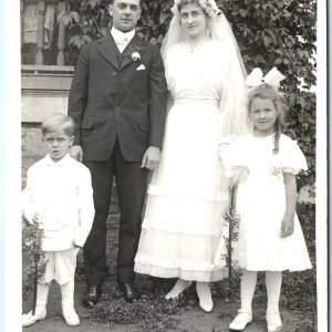 c1910s Lovely Newlywed Couple RPPC Children Handsome Boy Cute Girl Married A151