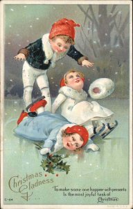Christmas Children Ice Skating Playing Embossed c1900s-10s Postcard