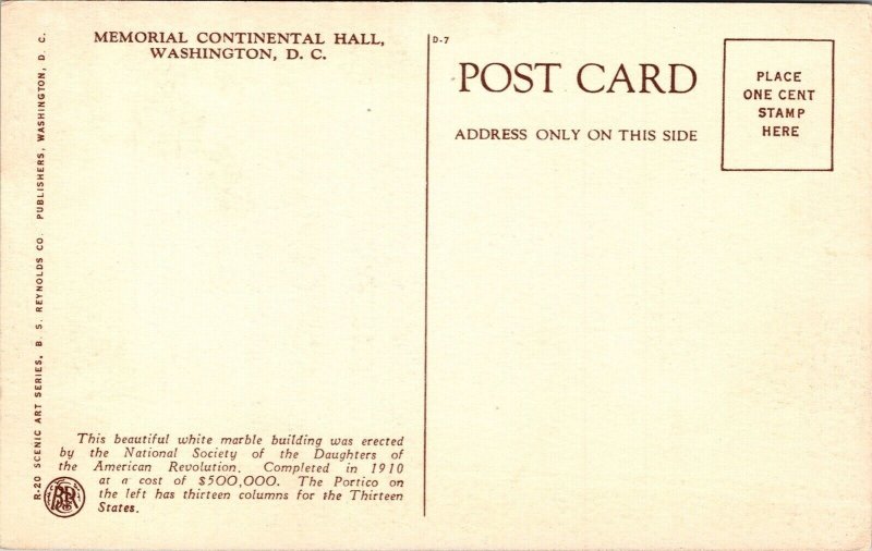 Memorial Continental Hall Washington DC Old Car Postcard VTG UNP Vintage Unused 