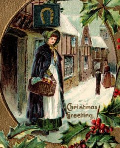 C. 1910 Woman Buying Apples Town Holly Berries Christmas Vintage Postcard F10