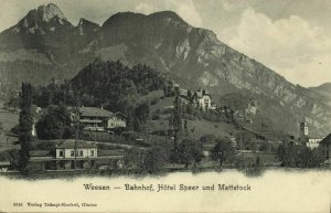 switzerland, WEESEN, Bahnhof, Hotel Speer und Mattstock (1900s) Postcard