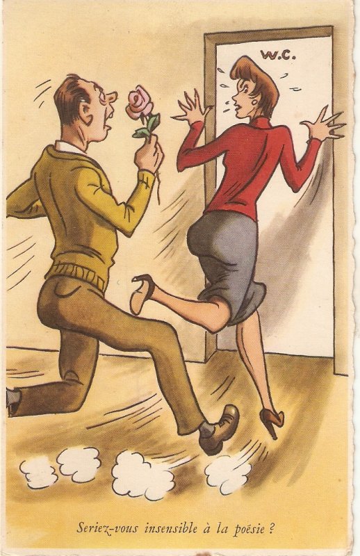 IMan pursuing lady with a rose Humorous  vintage French Postcard