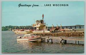 Okee-Lake Wisconsin~1960s Cars Exit Merrimac Ferry~Motor Boat Docked~Postcard