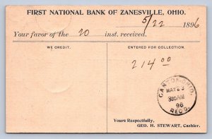 J93/ Zanesville Ohio Postcard 1896 First National Bank Statement 124