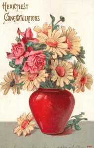 Heartiest Congratulations Greetings Flowers In Red Vase Vintage Postcard 1912