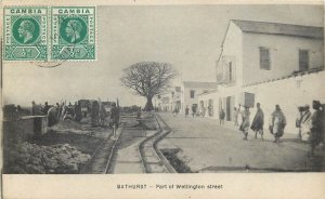 Gambia Bathurst part of Wellington street & railroad vintage postcard 