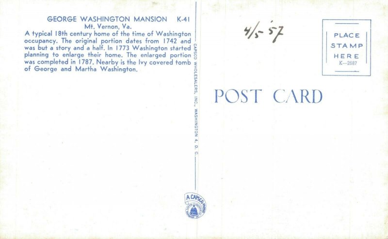 USA George Washington Mansion Mt Vernon Virginia Postcard 08.17