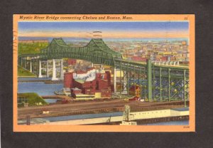 MA Mystic River Bridge Chelsea Boston Massachusetts Linen Postcard