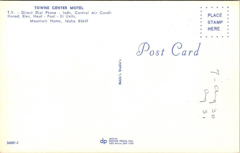 Towne Center Motel Mountain Home Idaho ID Postcard VTG UNP Dexter Vintage Unused 
