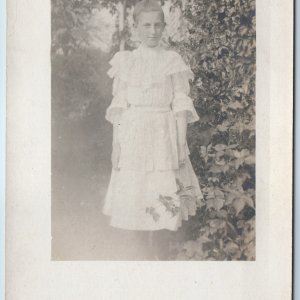 c1910s Lovely Young Lady Outdoor RPPC Portrait Garden Vine House Girl Photo A212